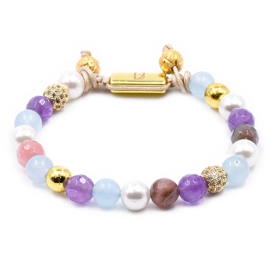 Frauenarmband aus Perlen mit Kirschquarz, Aquamarin, Lavendelquarz und Amethyst